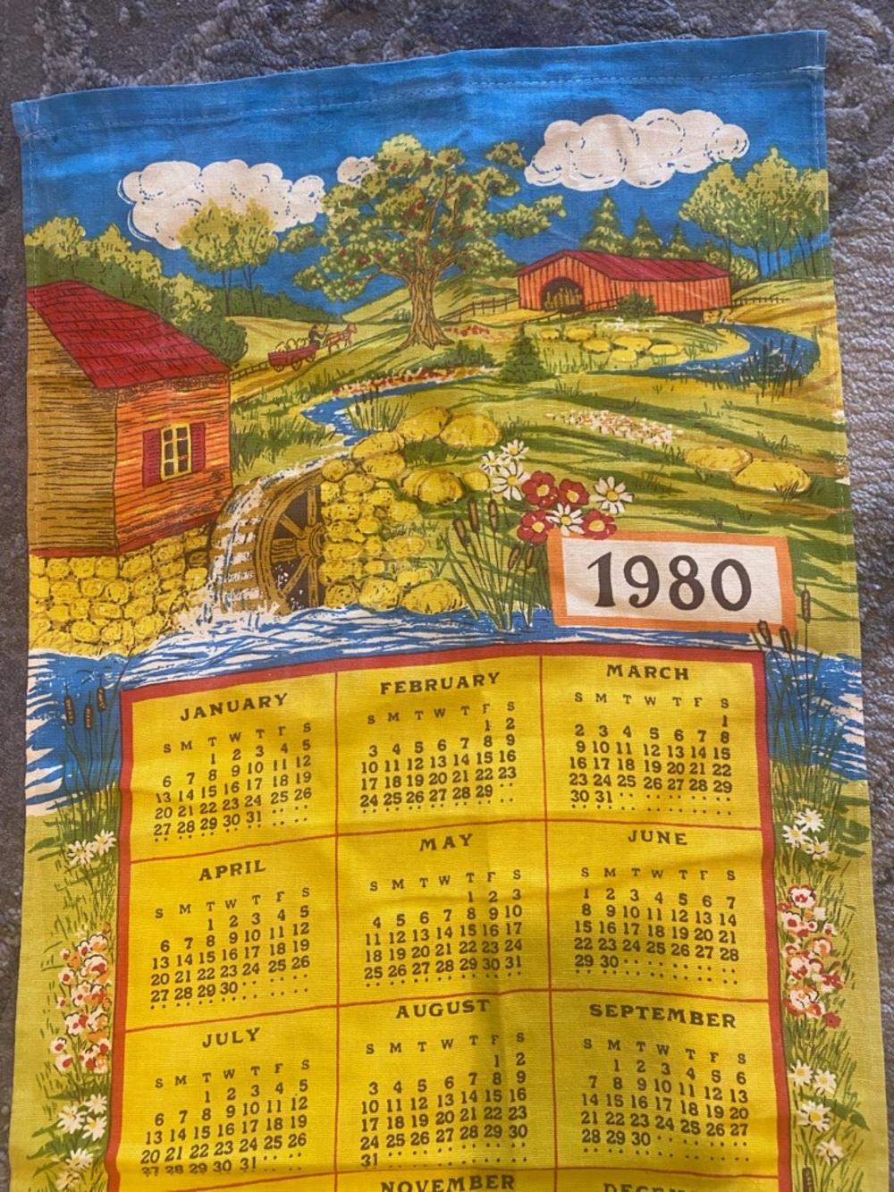 Vintage 1980 linen blend Calendar tea towel vibrant colors Country Scene - Picture 3 of 8